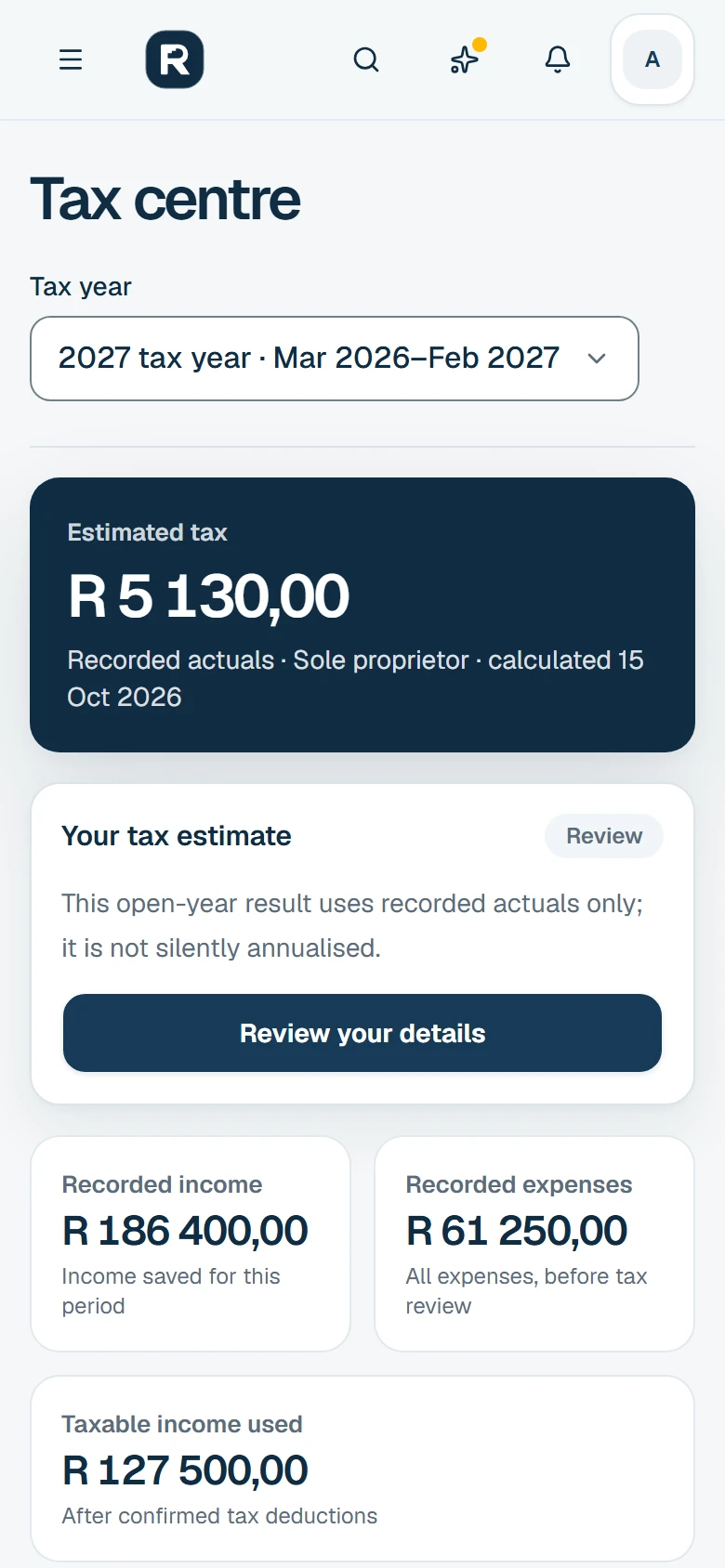 The Tax centre page at phone width: the tax-year estimate, then recorded income, recorded expenses and the taxable income used.